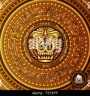 Round greek tile geometric background, lion face in center Stock Vector