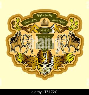 Warrior or hunter archery in deer. Vintage engraving label Stock Vector