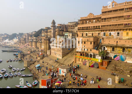 India, Uttar Pradesh, Varanasi, Gange River and Historic Ghats Stock Photo