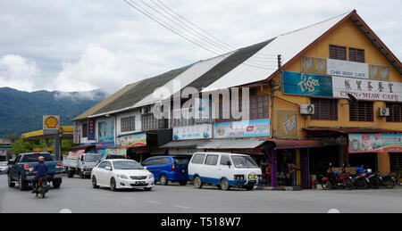 Businesses along the main road through the town of Serian, Sarawak (Borneo), Malaysia Stock Photo