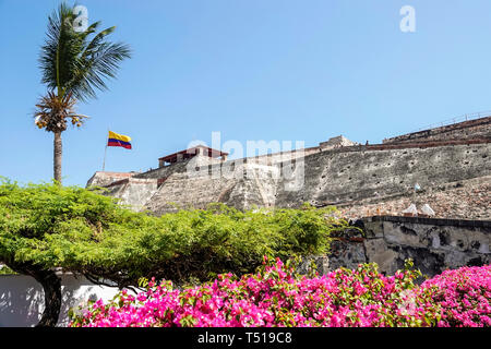 Cartagena Colombia,Castillo de San Felipe de Barajas,San Lazaro Hill,historic colonial fortress castle,World Heritage Site,exterior,flag,flowers,COL19 Stock Photo