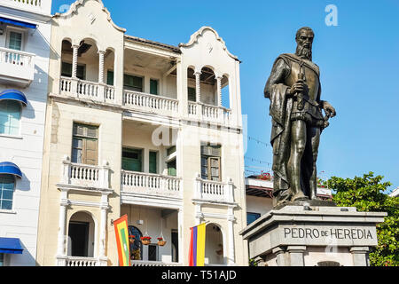 Cartagena Colombia,Plaza de los Coches,central plaza,monument,statue,Pedro de Heredia,city founder,Spanish conquistador,COL190123123 Stock Photo