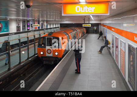 SPT subway train arriving at Glasgow Buchanan street underground station on the Glasgow underground / subway Stock Photo