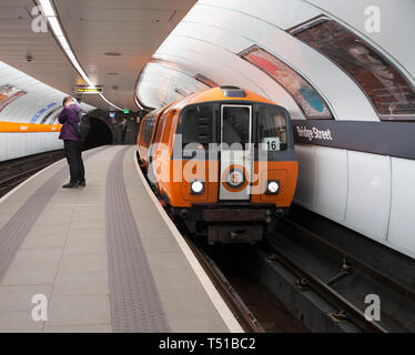 SPT subway train arriving at Bridge street subway station, Glasgow underground / subway Stock Photo