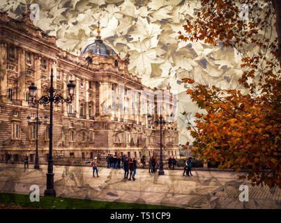 Composición (composition) del Palacio Real de Madrid con hojas de otoño. España Stock Photo