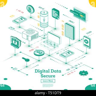 Cyber Security Isometric Concept. Vector Illustration. Big Data and Internet Safety System. Icon Set. Stock Vector