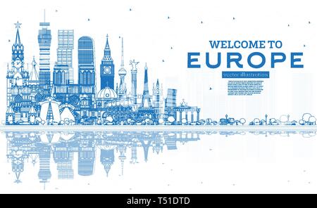 Outline Welcome to Europe Skyline with Blue Buildings. Vector Illustration. Tourism Concept with Historic Architecture. Europe Cityscape with Landmark Stock Vector