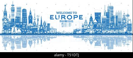 Outline Welcome to Europe Skyline with Blue Buildings. Vector Illustration. Tourism Concept with Historic Architecture. Europe Cityscape with Landmark Stock Vector