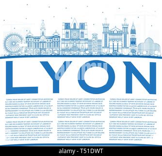 Outline Lyon France City Skyline with Blue Buildings and Copy Space. Vector Illustration. Business Travel and Concept with Historic Architecture. Lyon Stock Vector