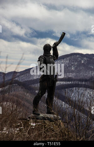 03 APRIL 2019, GEORGIA, TBILISI, Famous Didgori battle monument with giant swards and sculptures of soldiers close to Tbilisi in Caucasus mountain ran Stock Photo