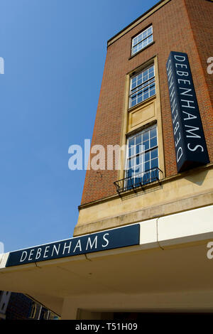Debenhams signage outside main store in Norwich, Norfolk. © Lawrence Woolston/Alamy LIve News Stock Photo