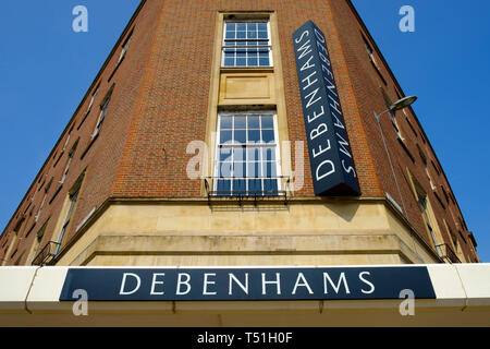 Debenhams signage outside main store in Norwich, Norfolk. © Lawrence Woolston/Alamy LIve News Stock Photo