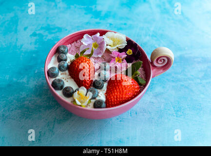 Vegan pink and white Chia pudding in a pink bowl with fresh fruits and edible flowers on a blue background Stock Photo