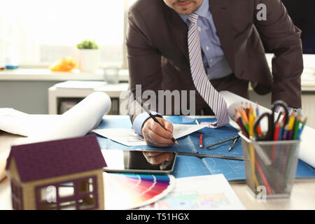 Workman Drafting Building Reconstruction Project Stock Photo