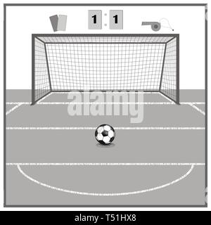 Football field. there are gates, whistles and cards. on the grass the line is drawn and the ball lies. Stock Vector