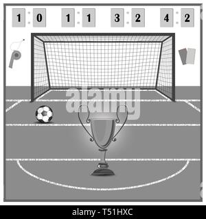 Football field. there are gates, whistles and cards. on the grass the line is drawn and the ball lies. Stock Vector