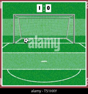 Football field. there are gates,  cards. on the grass the line is drawn and the ball lies. Stock Vector