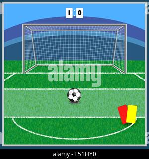 Football field. there are gates,  cards. on the grass the line is drawn and the ball lies. Stock Vector