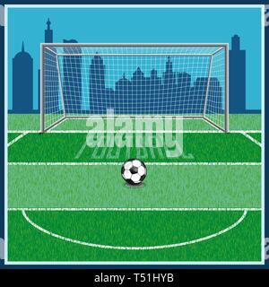 Football field. there are gates,  cards. on the grass the line is drawn and the ball lies. Stock Vector
