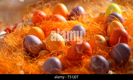 Multicoloured Painted Easter eggs in decorative mesh.Spring Christian concept. Stock Photo