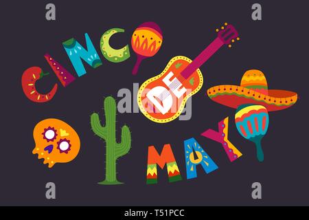 Cinco de Mayo celebration in Mexico. May 5, Latin America holiday. Colorful, detailed, lots of objects background. Vector template with traditional Me Stock Vector