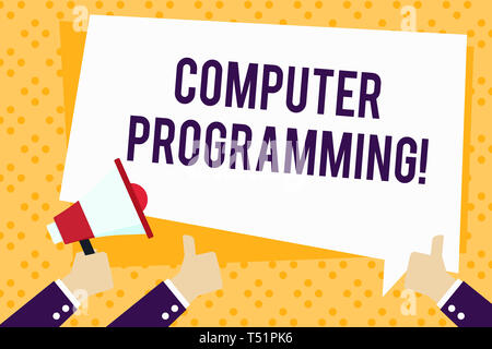 Writing note showing Computer Programming. Business concept for process that instructs a computer on how to do a task Hand Holding Megaphone and Gestu Stock Photo