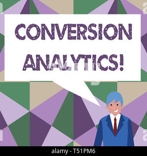 Writing note showing Conversion Analytics. Business concept for action that s is counted when someone interacts with ad Businessman Smiling and Talkin Stock Photo