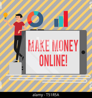 Writing note showing Make Money Online. Business concept for making profit using internet like freelancing or marketing Man Leaning on Smartphone Turn Stock Photo