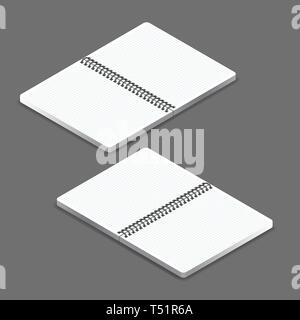 Open notebook template with square grid on grey background. Realistic isometric notepad with a spiral. Stock Vector