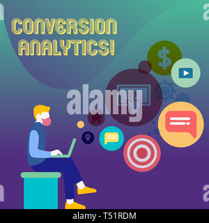 Conceptual hand writing showing Conversion Analytics. Concept meaning action that s is counted when someone interacts with ad Man Sitting with Laptop  Stock Photo
