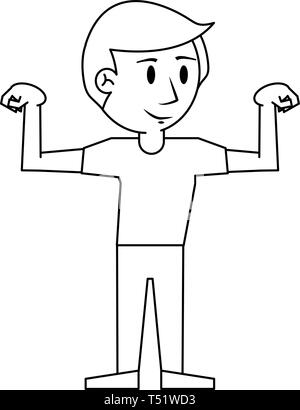Young man flexing arms cartoon in black and white Stock Vector