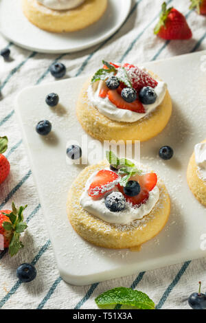 Homemade Mini Sponge Cake Cups with Fruit and Whipped Cream Stock Photo