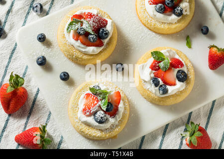 Homemade Mini Sponge Cake Cups with Fruit and Whipped Cream Stock Photo