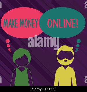 Conceptual hand writing showing Make Money Online. Concept meaning making profit using internet like freelancing or marketing Bearded Man and Woman wi Stock Photo