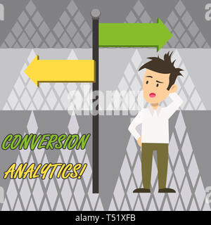 Text sign showing Conversion Analytics. Business photo text action that s is counted when someone interacts with ad Man Confused with the Road Sign Ar Stock Photo