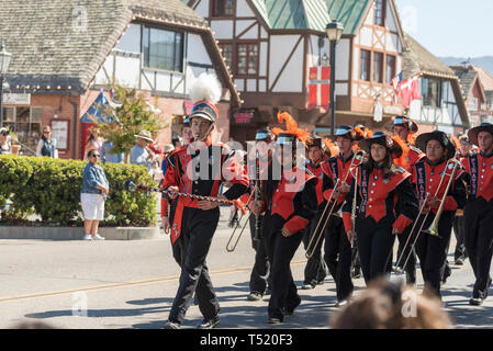 High school marching band in Solvang Parade. Stock Photo