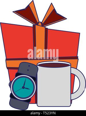 giftbox with male wristwatch and coffee mug Stock Vector