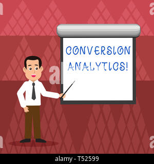 Writing note showing Conversion Analytics. Business concept for action that s is counted when someone interacts with ad Man in Necktie Holding Stick P Stock Photo