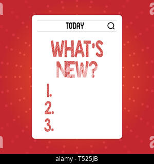 Text sign showing What S New Question. Business photo text when you ask someone about his current live events actions Search Bar with Magnifying Glass Stock Photo