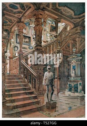 Staircase in carved oak Louis XIII style. Vintage illustration by Style Interiors 1905 Stock Photo