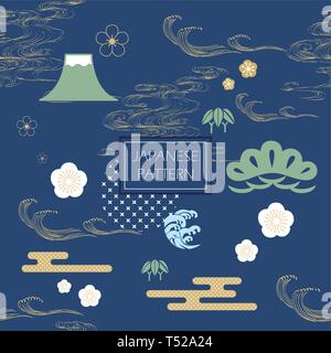 Japanese icon pattern design. Mountain, Cherry blossom, Hand drawn wave, Pine tree, Bamboo elements vector. Blue nature symbol template. Stock Vector