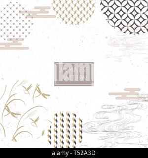 Japanese template vector. Geometric background with dragonfly, wave and cloud. Stock Vector