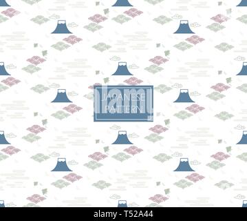 Japanese pattern vector. Blue and green Fuji mountain, birds, wave and cloud background. Asian template. Stock Vector
