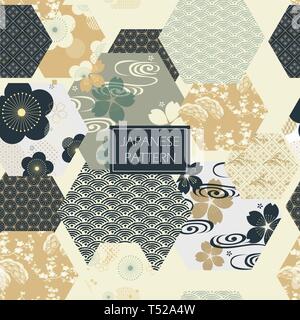 Cherry blossom pattern vector. Blue flower, wave and geometric elements background. Stock Vector