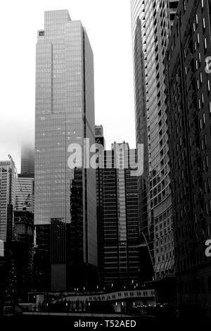 150 n Riverside, a new building in downtown Chicago, Illinois, over the Chicago River in black and white Stock Photo