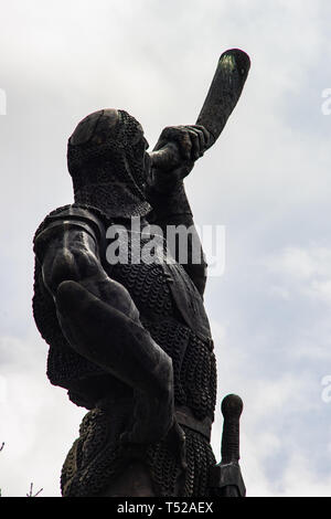 03 APRIL 2019, GEORGIA, TBILISI, Famous Didgori battle monument with giant swards and sculptures of soldiers close to Tbilisi in Caucasus mountain ran Stock Photo