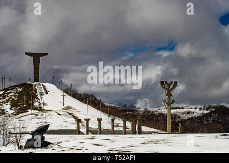 03 APRIL 2019, GEORGIA, TBILISI, Famous Didgori battle monument with giant swards and sculptures of soldiers close to Tbilisi in Caucasus mountain ran Stock Photo