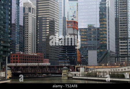 Buildings along the Chicago River at Wolf Point in the Loop, Chicago, Illinois Stock Photo