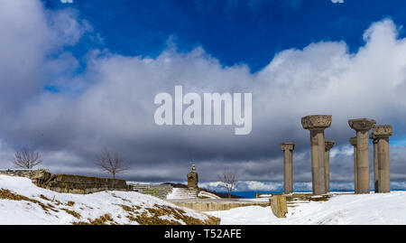 03 APRIL 2019, GEORGIA, TBILISI, Famous Didgori battle monument with giant swards and sculptures of soldiers close to Tbilisi in Caucasus mountain ran Stock Photo