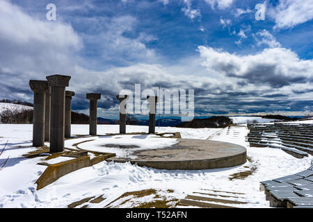 03 APRIL 2019, GEORGIA, TBILISI, Famous Didgori battle monument with giant swards and sculptures of soldiers close to Tbilisi in Caucasus mountain ran Stock Photo